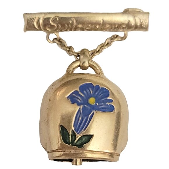 Switzerland Bar Pin With Bell Dangle, Blue Enamel Flower Pin Brooch - Picture 11 of 11
